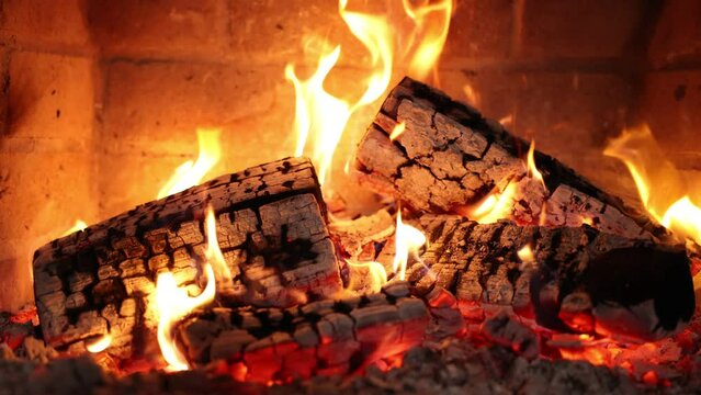 Fireplace at home for relaxing evening. Asmr sleep. Cozy Fireplace Night. Wood burning in a cozy fireplace at home 4k footage 