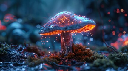  a close up of a mushroom on a mossy ground with fire coming out of the top of the mushroom and on the bottom of the mushroom is a glowing red light. - obrazy, fototapety, plakaty