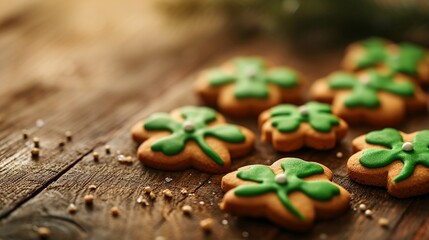 Beautiful background for St. Patrick's day with clover gingerbread on a wooden table. Free space