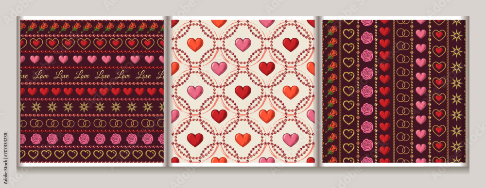 Poster valentines day seamless pattern with holiday objects and symbols, strings of beads. geometric patter