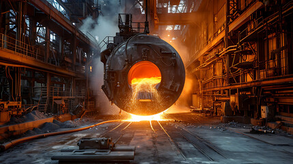 Um tiro dramático de um alto-forno em uma planta de fabricação de aço ilustrando o calor intenso e os processos industriais envolvidos na produção de aço - obrazy, fototapety, plakaty