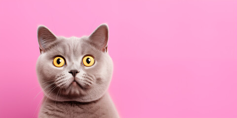 Funny british shorthair cat portrait looking shocked or surprised on pink background with copy space