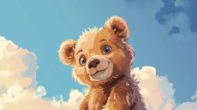  a painting of a brown teddy bear sitting on a cloud filled sky with a blue sky and white clouds behind it and a blue sky filled with white fluffy clouds.