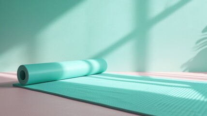 modern studio in pink and mint pastel light colors for pilates or yoga fitness with a yellow sports mat on the floor