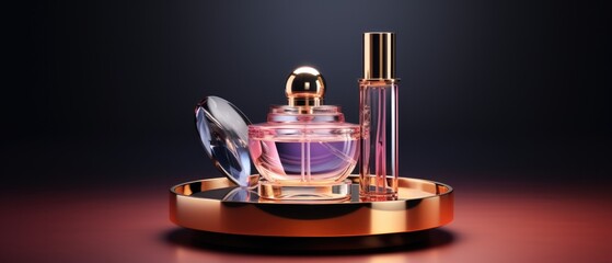 Elegant perfume bottles on chic display stand. Luxury products and fashion.