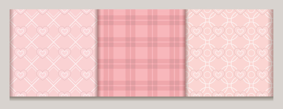 Geometric pink patterns with heart icons. Simple, low contrast backgrounds. For Valentines Day, girls design, prints, clothing, holiday goods, surface decoration