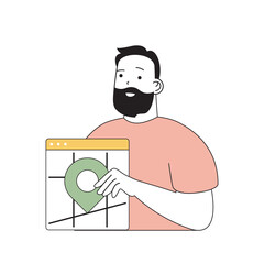 Beauty salon concept with cartoon people in flat design for web. Man works as hairdresser and giving location studio address at map. Vector illustration for social media banner, marketing material.