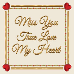 Obraz premium Vintage square gold frame with red hearts, golden rails, chains, copy space, on white background for Valentines Day. Short holiday phrases. Template for print, posts.
