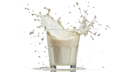 small glass of milk with splash isolated on white background