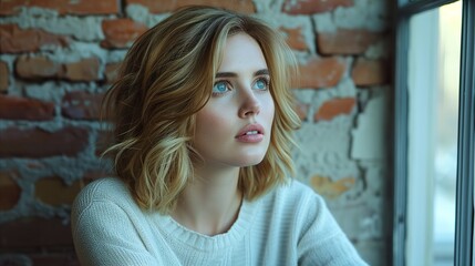 Obraz premium Young beautiful woman looks out the window.