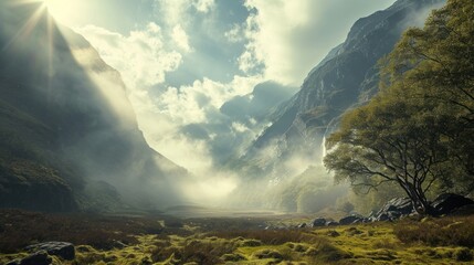  the sun shines through the clouds over a mountain valley with a tree in the foreground and a grassy field in the foreground with rocks and grass in the foreground.