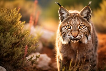 Naklejka na ściany i meble Lynx in the wild. Wild Elegance: Iberian Lynx in Intense Gaze. Generative ai