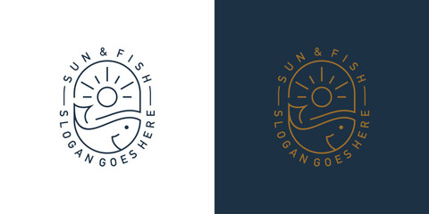 Creative Sun and Fish Logo. Sun Wave, Ocean, Hawaii, Sea Fish with Linear Outline Style. Hawaiian Logo Icon Symbol Vector Design Template. - obrazy, fototapety, plakaty