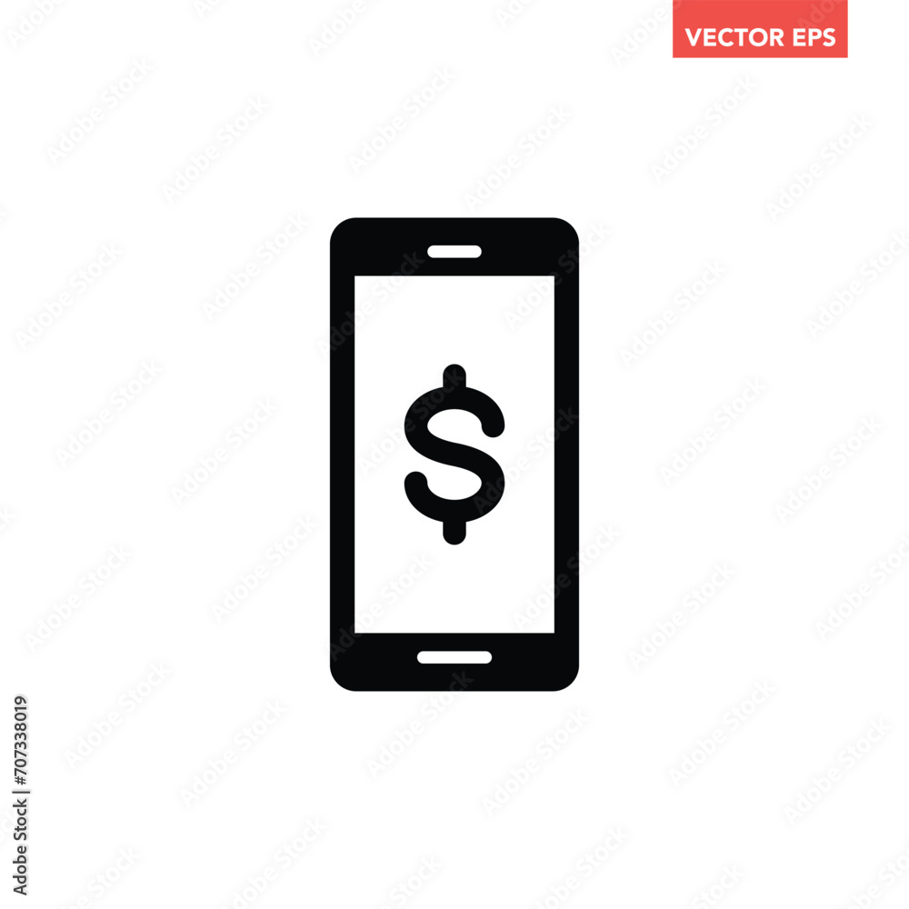 Poster black single pay by phone filled icon, simple online banking flat design pictogram, infographic vect