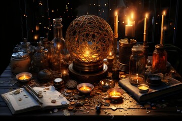 Wiccan symbols and tools on the table indoor.