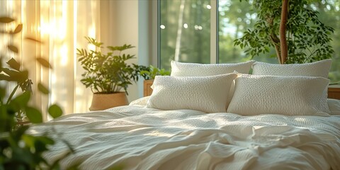 A Close-Up of a White Pillow Resting on a Bed with White Bedding and a Duvet, Set Against the Verdant Greenery, Generative AI