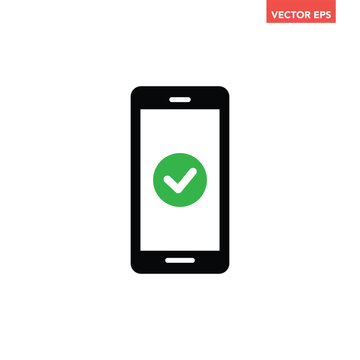 Black single phone with green tick line icon, simple digital successful process flat design pictogram, infographic vector for app logo web button ui ux interface elements isolated on white background