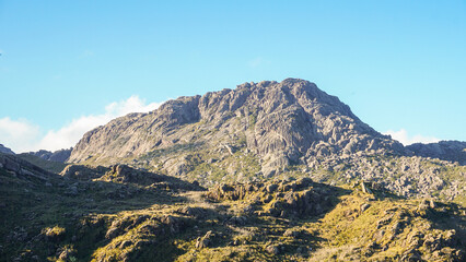 View of Agulhas Negras Peak on a beautiful sunny day in winter. Itatiaia National Park. Serra da Mantiqueira. Brazil.