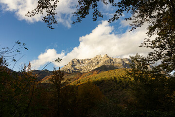 Landscape of Picos de Europa National Park in Asturias Cantambrian mountains with peaks and autumn forest