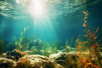 Fototapeta na wymiar Realistic high-resolution background depicting blurred aquatic scenery with water and plants. Generative AI