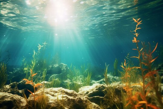 Realistic high-resolution background depicting blurred aquatic scenery with water and plants. Generative AI