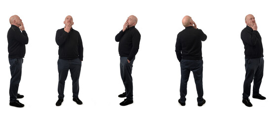 various poses of  same  man thinking and looking up on white background - obrazy, fototapety, plakaty