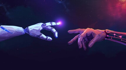 Obraz na płótnie Canvas Cybernetic Encounter: A Neon Handshake