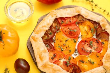 Board with tasty tomato galette on yellow background