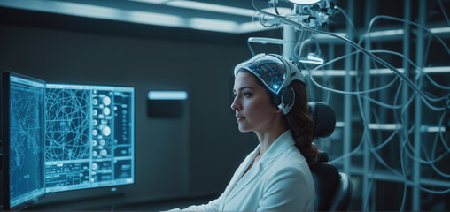 female scientist in a futuristic helmet sits in the laboratory - obrazy, fototapety, plakaty