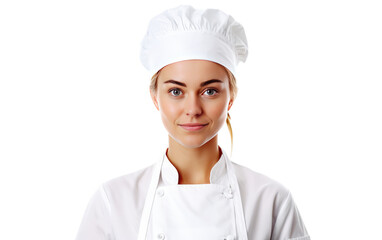 A woman participating in a cooking show. A woman in a cooking dress isolated on transparent background.