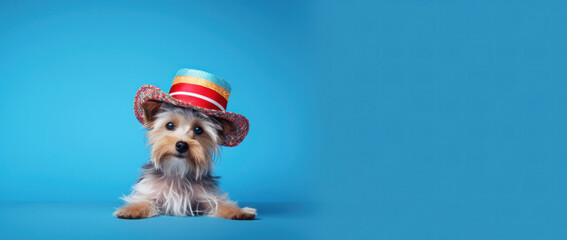 Adorable Yorkshire Terrier wearing a festive striped hat, posing against a blue background, perfect for April Fool's Day fun and humor - obrazy, fototapety, plakaty