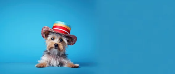 Deurstickers Adorable Yorkshire Terrier wearing a festive striped hat, posing against a blue background, perfect for April Fool's Day fun and humor © VK Studio