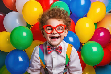 Obraz na płótnie Canvas Joyful boy in party attire with large red glasses, surrounded by a burst of colorful balloons, embodying the fun of April Fool's Day