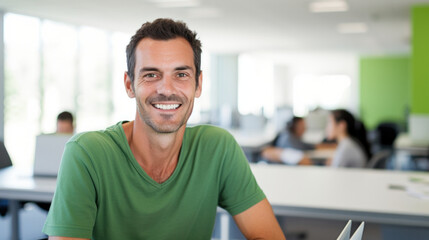 Confident businessman with a warm smile, casually dressed in a green t-shirt, in a modern office environment, reflecting positivity and professionalism