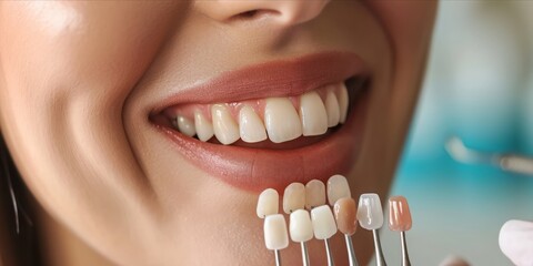 A Precision Decision: A Young Woman Engages in Close-Up Color Selection for Her Teeth During a Dental Appointment, Ensuring a Bright and Confident Smile, Generative AI