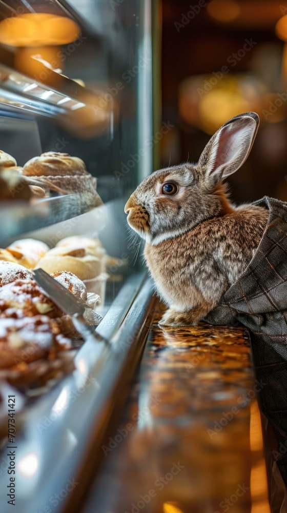 Aufkleber a rabbit looking at a display of pastries. generative ai.