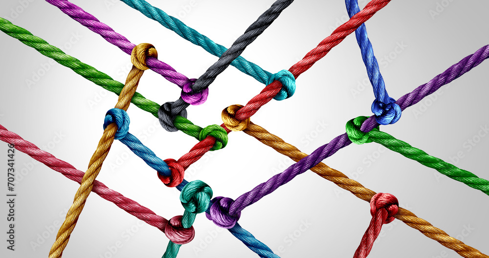 Aufkleber Team business support structure or unity and teamwork concept as a group of diverse ropes united together in strength and solidarity representing belonging or inclusion.