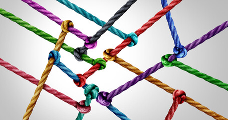 Team business support structure or unity and teamwork concept as a group of diverse ropes united together in strength and solidarity representing belonging or inclusion. - obrazy, fototapety, plakaty