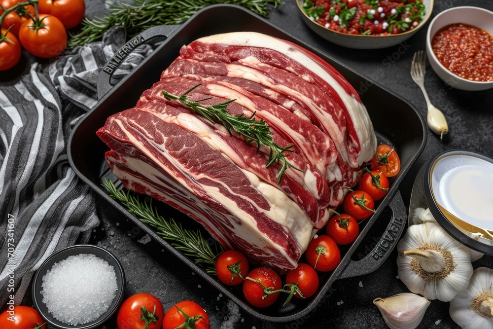 Poster raw beef in a pan with vegetables and spices. generative ai.
