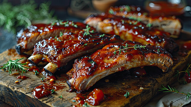 Sliced BBQ spare ribs with sauce displayed on wooden cutting board and sprinkled with green herbs