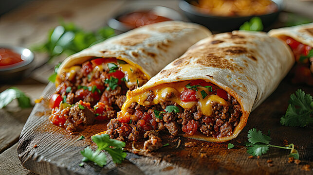 two beef burritos with cheese on wood cutting board sprinkled with green herbs