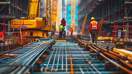 Uma cena dinâmica de construção de ponte de aço com guindastes e trabalhadores montando seções mostrando a expertise em engenharia no desenvolvimento de infraestrutura - obrazy, fototapety, plakaty