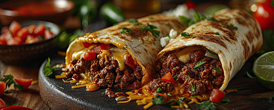 two beef burritos with cheese on wood cutting board sprinkled with green herbs