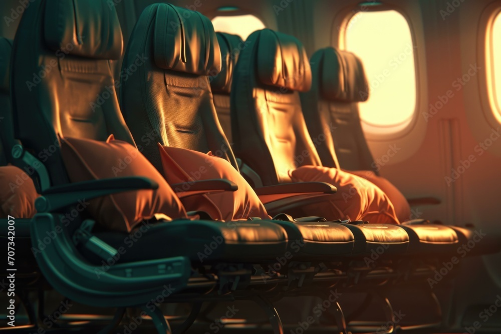 Poster empty seats on an airplane with the sun setting. generative ai.