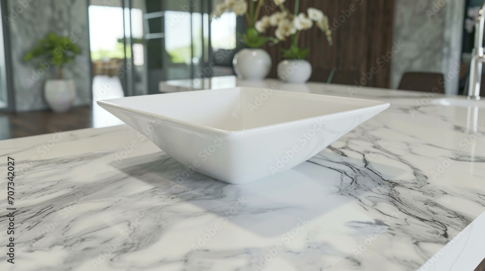 Canvas Prints A white bowl sitting on top of a marble counter. Generative AI.