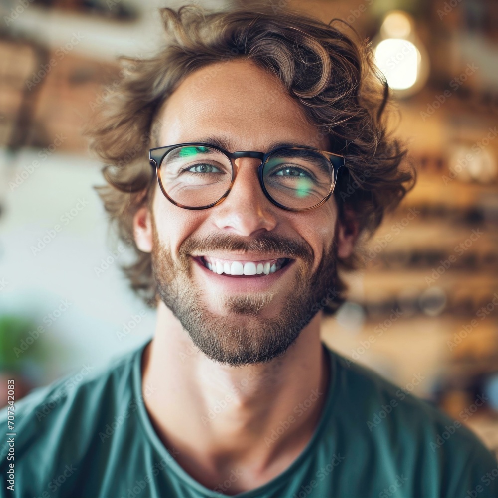 Poster a man with glasses smiling in a store. generative ai.