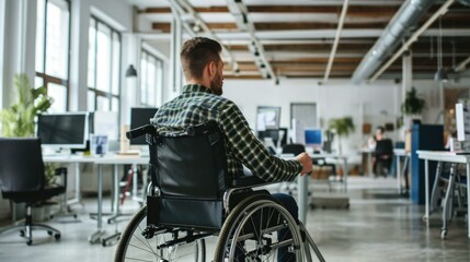 A man in a wheelchair in an office. Generative AI. - obrazy, fototapety, plakaty