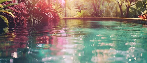 A pool surrounded by lush vegetation and trees. Generative AI.