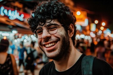A man with glasses and a black shirt smiling. Generative AI.