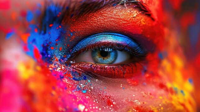 Close up of a woman's eye with colorful paint. Generative AI.